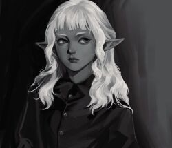 Rule 34 | 1boy, androgynous, bags under eyes, commentary, dark-skinned male, dark elf, dark skin, dungeon meshi, elf, english commentary, greyscale, highres, long sleeves, looking to the side, male focus, mapletine, medium hair, monochrome, pointy ears, portrait, realistic, shirt, short bangs, sidelocks, solo, thistle (dungeon meshi), wavy hair
