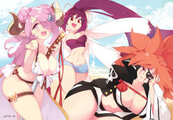 Rule 34 | 3girls, abs, amputee, baiken, between breasts, big hair, bikini, breasts, bustier, cleavage, commission, crossover, day, double bun, draph, eyepatch, granblue fantasy, guilty gear, guilty gear xrd, hair bun, hair intakes, hair ornament, hair over one eye, head rest, highres, huge breasts, katana, large breasts, leaf hair ornament, long hair, lying, multiple crossover, multiple girls, narmaya (granblue fantasy), ocean, on side, one-eyed, pink hair, ponytail, purple hair, red eyes, red hair, rtil, short shorts, shorts, smile, swimsuit, sword, thick thighs, thighs, trait connection, under night in-birth, very long hair, weapon, white bikini, yuzuriha (under night in-birth)