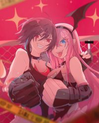 Rule 34 | 2girls, bar censor, black gloves, blue eyes, blurry, blurry foreground, breasts, brown hair, caution tape, censored, choker, clenched hand, commentary, foreshortening, gloves, grin, hairband, highres, linch, long hair, looking at viewer, medium breasts, megurine luka, meiko (vocaloid), middle finger, multiple girls, open mouth, pink hair, red eyes, ring no seraph (vocaloid), sharp teeth, short hair, smile, sparkle, spiked choker, spikes, teeth, tongue, tongue out, upper body, v-shaped eyebrows, vocaloid, wing hair ornament, wrestling outfit