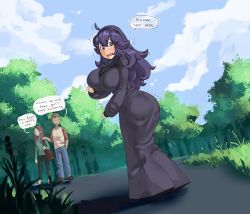 Rule 34 | 1boy, 2girls, @ @, absurdres, ahoge, alternate breast size, ass, black hairband, blush, borvar, breasts, commentary, creatures (company), curvy, day, dress, embarrassed, english commentary, english text, fang, forest, game freak, hairband, hex maniac (pokemon), highres, huge breasts, implied vibrator, impossible clothes, impossible dress, long dress, looking back, messy hair, multiple girls, nature, nintendo, npc trainer, outdoors, pokemon, pokemon xy, purple eyes, purple hair, solo focus, trembling