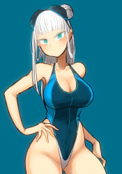 Rule 34 | 1girl, bare arms, bare shoulders, blue background, blush, breasts, cleavage, collarbone, commentary request, electro emilia, goggles, goggles on head, green eyes, hair bun, hand on own hip, head tilt, highleg, highleg swimsuit, ken (koala), large breasts, looking at viewer, one-piece swimsuit, original, pale skin, simple background, single hair bun, smile, solo, swimsuit, thighs, white hair