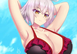 Rule 34 | 1girl, ahoge, armpits, arms behind head, arms up, bare shoulders, bikini, black bikini, blush, breasts, cleavage, closed mouth, collarbone, fate/grand order, fate (series), highres, jeanne d&#039;arc (fate), jeanne d&#039;arc alter (avenger) (fate), jeanne d&#039;arc alter (fate), large breasts, looking at viewer, short hair, silver hair, swimsuit, vibncent, yellow eyes