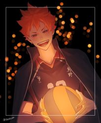 Rule 34 | 5600cm, :d, absurdres, ball, blush, dutch angle, framed, glowing, haikyuu!!, highres, hinata shouyou, holding, holding ball, huge filesize, jacket, jacket on shoulders, lens flare, looking at viewer, male focus, open mouth, orange hair, short hair, simple background, smile, solo, sportswear, standing, teeth, twitter username, upper body, volleyball uniform