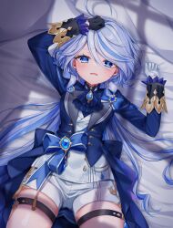 Rule 34 | 1girl, absurdres, ascot, asymmetrical gloves, bed sheet, black gloves, blue ascot, blue eyes, blue hair, blue jacket, blush, commentary request, cowlick, drop-shaped pupils, furina (genshin impact), genshin impact, gloves, hair between eyes, hand on own head, heterochromia, highres, ineka ka, jacket, light blue hair, long hair, long sleeves, looking at viewer, lying, mismatched gloves, mismatched pupils, multicolored hair, on back, open mouth, short shorts, shorts, solo, symbol-shaped pupils, tearing up, tears, thigh strap, white gloves, white shorts
