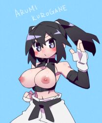 Rule 34 | 1girl, arm warmers, black eyes, black hair, breasts, breasts out, cannsk, character name, clenched hand, commentary request, fighting stance, fingerless gloves, gloves, kurogane arumi, large breasts, mma gloves, navel, nipples, original, solo, sweatdrop, twintails, white gloves