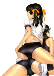 Rule 34 | 2girls, absurdres, ass, back, bare shoulders, black eyes, black hair, black legwear, buruma, cameltoe, clothes lift, from behind, gym uniform, hair ribbon, hakua ugetsu, highres, looking at viewer, looking back, lying, multiple girls, on side, original, parted lips, ribbon, school swimsuit, shirt lift, shoes, simple background, sneakers, straddling, swimsuit, trefoil, twintails, white background