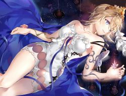 Rule 34 | 1girl, argyle, argyle clothes, argyle cutout, bad id, bad twitter id, bare shoulders, blonde hair, blue eyes, clothing cutout, collarbone, commentary request, dress, europa (granblue fantasy), flower, granblue fantasy, hair ornament, looking to the side, lying, on back, open mouth, short hair, side cutout, solo, soraneko hino, star (symbol), starry background, tiara, water drop