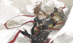 Rule 34 | 2boys, ahoge, armor, bishounen, breastplate, brown hair, closed eyes, commentary, cowboy shot, elbow gloves, english commentary, english text, feathered wings, fingerless gloves, gift art, gloves, granblue fantasy, hair between eyes, happy birthday, highres, holding, hood, hood down, hug, hug from behind, light frown, light smile, lucifer (shingeki no bahamut), luminous slime, male focus, messy hair, multiple boys, red eyes, red ribbon, ribbon, sad, sandalphon (granblue fantasy), short hair, short sleeves, upper body, white hair, white wings, wings, yaoi