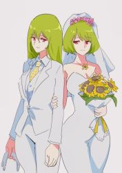 Rule 34 | 2girls, bouquet, breasts, bridal veil, cleavage, closed mouth, cowboy shot, dress, flower, green hair, grey background, highres, holding, holding another&#039;s arm, holding bouquet, jacket, jewelry, kazami yuuka, kazami yuuka (pc-98), long hair, long sleeves, looking at viewer, multiple girls, necktie, pants, pendant, plaid necktie, red eyes, short hair, simple background, smile, standing, sunflower, tohoyuukarin, touhou, touhou (pc-98), veil, wedding dress, white jacket, white pants, yellow necktie