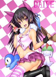 Rule 34 | 1girl, ass, bad id, bad pixiv id, black hair, boots, creatures (company), cross, daive, earrings, eevee, fingerless gloves, game freak, gen 1 pokemon, gen 3 pokemon, gen 4 pokemon, gloves, holding, holding poke ball, jewelry, long hair, microskirt, midriff, miniskirt, necklace, nintendo, no panties, open mouth, pink eyes, piplup, pixiv trainer, poke ball, pokemon, pokemon (creature), ralts, school uniform, skirt, striped clothes, striped thighhighs, swablu, thighhighs
