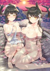 Rule 34 | 2girls, arm support, atago (azur lane), azur lane, bare tree, blush, bow, breasts, brown hair, commentary request, fingernails, hair bow, hair flaps, high ponytail, highres, holding, holding towel, large breasts, long hair, looking at viewer, multiple girls, nipples, nude, onsen, outdoors, parted lips, partially submerged, ponytail, pussy, shitou (1992116210), sitting, sky, sun, takao (azur lane), towel, tree, uncensored, very long hair, water, white bow, yellow eyes