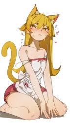 Rule 34 | 1girl, absurdres, animal ears, bakemonogatari, blonde hair, blush, cat ears, cat girl, collarbone, deko morii, dress, flustered, flying sweatdrops, hands on ground, heart, highres, kemonomimi mode, long hair, monogatari (series), multicolored clothes, multicolored dress, no bra, on ground, oshino shinobu, red dress, simple background, sitting, solo, strap slip, thick thighs, thighs, wariza, white background, white dress