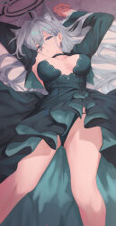 Rule 34 | 1girl, animal ear fluff, animal ears, black choker, black dress, blue archive, blue eyes, breasts, breasts apart, broken halo, choker, cross hair ornament, dress, extra ears, gloves, grey hair, hair ornament, halo, highres, large breasts, long hair, long sleeves, looking at viewer, lying, mismatched pupils, nev (nevblindarts), on back, panties, parted lips, shiroko (blue archive), shiroko terror (blue archive), solo, thighs, underwear, wolf ears