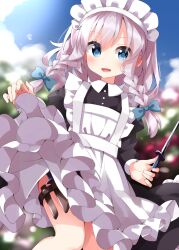 Rule 34 | 1girl, apron, black dress, blue bow, blue eyes, blue sky, blurry, blurry background, blush, bow, braid, breasts, bush, buttons, collared dress, day, dress, flower, garden, grey hair, hair between eyes, hair bow, hands up, highres, holding, holding knife, holding weapon, izayoi sakuya, juliet sleeves, knife, long sleeves, looking away, maid, maid headdress, medium breasts, one-hour drawing challenge, open mouth, outdoors, pink flower, pink rose, puffy sleeves, rose, ruu (tksymkw), short hair, sky, smile, solo, standing, tongue, touhou, twin braids, weapon, white apron