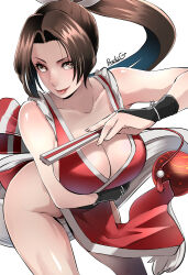 1girl arm_guards bare_shoulders blush breasts brown_eyes brown_hair butcha-u cleavage fatal_fury folded_fan folding_fan hand_fan high_ponytail highres holding holding_fan japanese_clothes large_breasts long_hair looking_at_viewer ninja pelvic_curtain ponytail revealing_clothes rope shiranui_mai sideboob smile snk the_king_of_fighters thighs