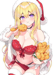 1girl black_choker blonde_hair bra breasts chicken_(food) choker christmas cu-no eating food fried_chicken green_nails hakurei_botan hat highres hisen_kaede holding holding_food large_breasts looking_at_viewer multicolored_nails nail_polish purple_eyes red_bra red_hat red_nails santa_hat solo underwear