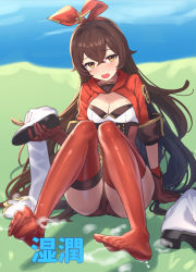Rule 34 | 1girl, amber (genshin impact), arm support, blush, boots, unworn boots, breasts, brown eyes, brown hair, brown shorts, cleavage, cuboon, feet, unworn footwear, genshin impact, gloves, hair between eyes, hair ribbon, holding, holding shoes, long hair, looking at viewer, medium breasts, open mouth, red ribbon, red thighhighs, ribbon, shoes, short shorts, shorts, sitting, smell, solo, thigh boots, thighhighs