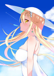 Rule 34 | 1girl, absurdres, bare shoulders, blonde hair, blue sky, blush, breasts, chest jewel, contrail, daive, dangle earrings, dress, earrings, food, from side, gem, halterneck, hat, highres, jewelry, large breasts, long hair, looking at viewer, mouth hold, mythra (xenoblade), nintendo, popsicle, skindentation, sky, sun hat, sundress, swept bangs, tiara, white dress, white hat, xenoblade chronicles (series), xenoblade chronicles 2, yellow eyes