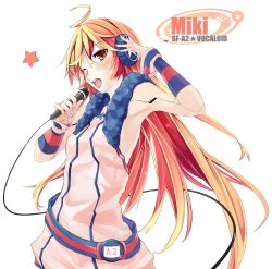 Rule 34 | 1girl, absurdres, ahoge, android, blush, dress, gloves, headphones, highres, joints, long hair, microphone, one eye closed, red eyes, red hair, robot joints, sf-a2 miki, smile, solo, striped clothes, striped gloves, takanashie, transparent background, vocaloid, wink