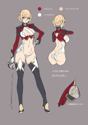 Rule 34 | 1girl, ass, ban! (bansankan), blonde hair, blue eyes, breasts, character sheet, concept art, female focus, flat color, full body, grey background, large breasts, multiple views, navel, short hair, standing, sword, thighhighs, thighs, weapon