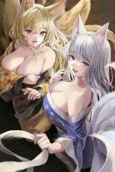 Rule 34 | 2girls, absurdres, animal ears, bare shoulders, blonde hair, blue eyes, blush, breast hold, breasts, cleavage, covering privates, covering breasts, embarrassed, fang, floral print, fox ears, hair between eyes, hand up, highres, holding, japanese clothes, kimono, large breasts, lillly, long hair, looking at viewer, multiple girls, multiple tails, off shoulder, open mouth, original, red eyes, smile, tail, white hair, wide sleeves
