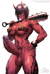 Rule 34 | 1futa, abs, angry, animal print, arm tattoo, artist name, back tattoo, bikini, bikini top only, bottomless, breasts, censored, club (weapon), colored skin, covered erect nipples, cuffs, demon girl, earrings, erection, facial tattoo, fang, fingernails, futanari, hair between eyes, hand on own hip, holding, holding weapon, horns, jewelry, large breasts, large penis, large testicles, leg tattoo, legs apart, long fingernails, looking at viewer, muscular, muscular female, navel, oni, oni horns, patreon username, penis, piercing, pointless censoring, pointy ears, pubic tattoo, red skin, scar, scar on face, scar on leg, shiny skin, short hair, shoulder tattoo, simple background, skindentation, sneer, solo, spiked penis, standing, swimsuit, tattoo, testicles, tiger print, underboob, urethra, watermark, weapon, web address, white background, yana (nekoarashi)