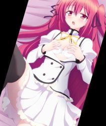 Rule 34 | 10s, 1girl, animated, animated gif, bed, bra, claire rouge, long hair, pleated skirt, red eyes, red hair, school uniform, screencap, seirei tsukai no blade dance, grabbing own breast, skirt, solo, thighhighs, twintails, two side up, underwear, very long hair