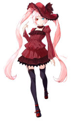 Rule 34 | 1girl, ankle strap, blue eyes, blue thighhighs, closed mouth, collarbone, commentary request, frilled hat, frills, full body, garter straps, gathers, hand up, hat, hat ribbon, heterochromia, highres, juliet sleeves, layered clothes, long hair, long sleeves, looking at viewer, miniskirt, original, pink hair, puffy sleeves, red eyes, red footwear, red hat, red ribbon, red shirt, red skirt, ribbon, shirt, shoes, signature, simple background, skirt, skirt set, slit pupils, smile, snozaki, solo, split mouth, thighhighs, twintails, very long hair, walking, white background, zettai ryouiki