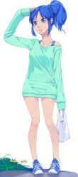 Rule 34 | 10s, 1girl, akinbo (hyouka fuyou), aqua sweater, arm up, bag, blue eyes, blue footwear, blue hair, bra strap, collarbone, dress, full body, hair ornament, highres, holding, holding bag, kirakira precure a la mode, long hair, off shoulder, parted lips, plastic bag, precure, shoes, side ponytail, simple background, sneakers, solo, standing, sweater, sweater dress, tategami aoi, white background