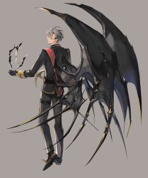 Rule 34 | 1boy, black footwear, black gloves, black pants, black wings, fantasy, full body, glasses, gloves, grey background, grey hair, highres, holding, holding staff, long sleeves, looking back, magic, male focus, original, pants, pointy ears, shoes, simple background, staff, standing, thigh strap, wings, zzinp