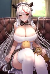 Rule 34 | 1girl, aegir (azur lane), aegir (iron blood&#039;s dragon maid) (azur lane), apron, azur lane, blush, breast press, breast rest, breasts, breasts on head, cat, cleavage, cleavage cutout, closed mouth, clothing cutout, couch, dragon girl, dragon horns, dress, frilled dress, frills, garter straps, hand on animal, highres, horns, huge breasts, indoors, large breasts, long hair, looking at viewer, maid, maid apron, maid headdress, manda (manda9n), multicolored hair, on couch, red hair, sitting, solo, streaked hair, sweatdrop, thighhighs, thighs, white hair, white thighhighs