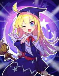 Rule 34 | 1girl, absurdres, ahoge, blonde hair, blue eyes, blush, broom, broom riding, highres, long hair, long sleeves, looking at viewer, offbeat, one eye closed, open mouth, puyopuyo, sitting, smile, solo, very long hair, witch (puyopuyo)