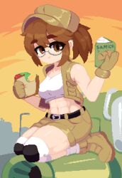 Rule 34 | 1girl, abs, belt, black belt, book, boots, breasts, brown eyes, brown hair, closed mouth, eating, fio germi, food, glasses, gloves, hat, holding, holding book, holding food, knee pads, medium breasts, metal slug, minimilieu, multicolored sky, open book, orange sky, outdoors, pixel art, ponytail, sandwich, seiza, semi-rimless eyewear, sitting, sky, socks, solo, tank top, thick eyebrows, vest