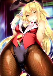 Rule 34 | absurdres, ace (playing card), ace of hearts, animal ears, blonde hair, breasts, card, cleavage, fake animal ears, heart, highres, ichijou hitoshi, leotard, medium breasts, non-web source, original, pantyhose, playboy bunny, playing card, poker chip, rabbit ears, solo, yellow eyes