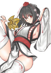 Rule 34 | 1girl, absurdres, arm behind head, black hair, blush, breasts, commentary request, cross-laced clothes, detached sleeves, hat, hauchiwa, highres, japanese clothes, kourindou tengu costume, kuraki, large breasts, long sleeves, looking at viewer, obi, pelvic curtain, pom pom (clothes), red eyes, red hat, red sash, sash, shameimaru aya, short hair, sideboob, simple background, smile, solo, thighhighs, tokin hat, touhou, white background, white thighhighs, wide sleeves