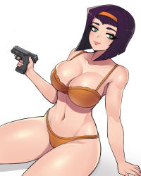 Rule 34 | 1girl, bra, breasts, cameltoe, cleavage, closed mouth, commentary, cowboy bebop, donburi (donburikazoku), faye valentine, green eyes, gun, hairband, highres, large breasts, looking at viewer, navel, panties, purple hair, short hair, simple background, smile, solo, underwear, weapon, white background