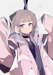 Rule 34 | 1girl, blue eyes, bow, brown hair, choker, closed mouth, hair bow, hair ornament, hands up, jacket, looking at viewer, medium hair, open clothes, open jacket, original, pink jacket, purple shirt, shirt, sidelocks, sleeves past wrists, sohin, solo, upper body