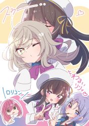 Rule 34 | 4girls, ahoge, assault lily, behind another, beret, black hair, blue eyes, blue ribbon, blush, bow, bowtie, closed eyes, closed mouth, commentary request, covered face, cropped torso, empty eyes, food in mouth, green eyes, grey hair, hair between eyes, hand up, hat, hat ribbon, hatsukano you, heart, herensuge girls academy school uniform, heterochromia, honkawa works, jacket, kagawa makina, long bangs, long hair, long sleeves, looking at viewer, morimoto yuni, mouth hold, multicolored background, multiple girls, multiple views, no pupils, one eye closed, open mouth, parted bangs, parted lips, pink background, pink bow, pink bowtie, pink eyes, pocky, pocky in mouth, pointing, pointing at another, purple background, purple hair, raised eyebrow, red hair, ribbon, sasaki ran, school uniform, shaded face, short hair, sidelocks, sleeves past fingers, sleeves past wrists, smelling, smelling hair, smile, smirk, spoken heart, translated, two-tone ribbon, upper body, v, white background, white headwear, white jacket, yellow background, yellow eyes, yellow ribbon, yuri
