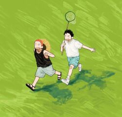 Rule 34 | 2boys, :d, black footwear, black hair, black tank top, blue shorts, butterfly net, buzz cut, closed eyes, full body, hand net, hat, hat on back, holding, holding butterfly net, male focus, mito youhei, multiple boys, open mouth, outdoors, red hair, running, sakuragi hanamichi, sandals, shadow, shirt, shoes, short hair, shorts, slam dunk (series), smile, sneakers, straw hat, tank top, tmhcmi, very short hair, white footwear, white shirt