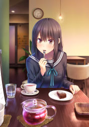 Rule 34 | 1girl, black hair, black serafuku, blurry, blush, brown eyes, cake, chair, clock, cup, depth of field, drinking glass, eating, ese shinshi, fingernails, food, food on face, fork, glass, highres, holding, holding fork, indoors, long hair, long sleeves, looking at viewer, original, plate, reflection, ribbon, saucer, school uniform, serafuku, sitting, solo, spoon, table, tea, teacup, teapot, utensil in mouth, wooden table