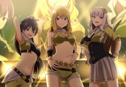 Rule 34 | 3girls, ahoge, antenna hair, arm up, armpits, backlighting, bare shoulders, black hair, blonde hair, bracelet, breasts, choker, cleavage, closed mouth, cropped jacket, detached sleeves, earrings, fang, flower, ganaha hibiki, gloves, green eyes, grey hair, hair flower, hair ornament, hair ribbon, hairband, highres, hoshii miki, idolmaster, idolmaster (classic), idolmaster million live!, idolmaster million live! theater days, jacket, jewelry, large breasts, long hair, medium breasts, multiple girls, navel, nicoseiga 29552361, open mouth, pleated skirt, ponytail, project fairy (idolmaster), purple eyes, ribbon, rose, screen, shijou takane, shorts, skirt, smile, spotlight, stage, stage lights, sweat, white skirt, yellow jacket, yellow shorts