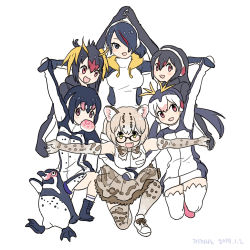 Rule 34 | 10s, 6+girls, :d, animal ear fluff, animal ears, bird, black eyes, black hair, blonde hair, bow, bowtie, cat ears, commentary request, dated, elbow gloves, emperor penguin (kemono friends), fang, food, gentoo penguin (kemono friends), gloves, grape-kun, hair over one eye, headphones, holding hands, hood, hood down, hooded jacket, humboldt penguin, humboldt penguin (kemono friends), jacket, japari bun, kemono friends, korean commentary, long hair, looking at viewer, margay (kemono friends), margay print, mouth hold, multicolored hair, multiple girls, on one knee, open mouth, outstretched arms, penguin, photo-referenced, pink eyes, print gloves, print legwear, print neckwear, print skirt, red eyes, rockhopper penguin (kemono friends), roonhee, royal penguin (kemono friends), shirt, short hair, simple background, skirt, sleeveless, sleeveless shirt, smile, spread arms, thighhighs, white background, white hair, white legwear, yellow eyes
