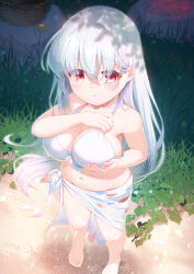 Rule 34 | 1girl, adjusting clothes, artist name, bare arms, bare shoulders, barefoot, bikini, blurry, blurry background, breast lift, breasts, cleavage, closed mouth, expressionless, floating hair, from above, front-tie bikini top, front-tie top, grass, hair between eyes, hands up, highres, kana ami, large breasts, light blush, long hair, looking down, navel, original, outdoors, print sarong, red eyes, sarong, shade, standing, swimsuit, very long hair, white bikini, white hair, white sarong