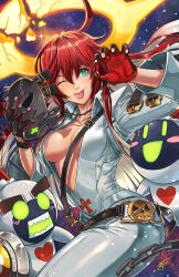 Rule 34 | 1girl, 2others, adam ryu ford, ahoge, ankh necklace, belt, black gloves, bodysuit, breasts, broken halo, cleavage, collarbone, colored inner hair, dorpos, front slit, gloves, green eyes, grey mask, guilty gear, guilty gear strive, hair between eyes, halo, highres, holding, holding mask, jack-o&#039; valentine, knight servant, large breasts, long hair, mask, multicolored hair, multiple others, one eye closed, pumpkin mask, red hair, skull belt, solo focus, spiked halo, studded belt, tongue, tongue out, too many, too many belts, white bodysuit, white hair