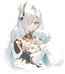 Rule 34 | 1boy, 1girl, aged down, ahoge, aunt and nephew, baby, blue eyes, blue hair, carrying, carrying person, chongyun (genshin impact), commentary request, food, fujito (call f ), genshin impact, hair between eyes, hair ornament, hair over one eye, highres, holding, holding food, long hair, popsicle, shenhe (genshin impact), short hair, silver hair, sweatdrop, tassel, tearing up, tears