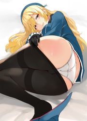 Rule 34 | 10s, 1girl, ass, atago (kancolle), blonde hair, blush, cameltoe, clothes pull, commentary request, gloves, hat, highres, kantai collection, long hair, lying, nuko (mikupantu), on side, panties, pantyhose, pantyhose pull, parted lips, pulling own clothes, solo, thighband pantyhose, underwear, white panties