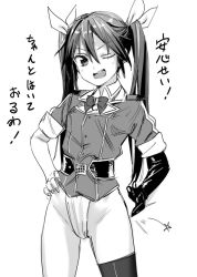 Rule 34 | 1girl, :d, bow, bowtie, collared shirt, cowboy shot, elbow gloves, female focus, fingernails, fundoshi, gloves, greyscale, hair between eyes, hair bow, jacket, japanese clothes, kantai collection, kawakami rokkaku, long hair, looking at viewer, monochrome, one eye closed, open mouth, sash, shirt, short sleeves, single glove, single thighhigh, smile, solo, thighhighs, tone (kancolle), translation request, twintails, v-shaped eyebrows, wing collar