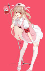 Rule 34 | &gt; &lt;, 1girl, :d, absurdres, apron, armband, bandaged arm, bandages, blood, blood bag, blood type, blush, center frills, commentary request, fang, frills, hair ornament, hand up, hat, highres, jun.bit, leaning forward, light brown hair, long hair, looking at viewer, natori sana, nurse cap, open mouth, pink apron, pink background, pink footwear, pink hat, pleated skirt, puffy short sleeves, puffy sleeves, rabbit hair ornament, red eyes, safety pin, sana channel, sandals, shirt, short sleeves, skirt, smile, solo, standing, thighhighs, two side up, very long hair, virtual youtuber, white shirt, white skirt, white thighhighs