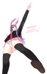 Rule 34 | 1girl, ace attorney, animal ears, artist name, between breasts, black thighhighs, blazer, breasts, english text, female focus, from below, irony, jacket, long hair, long sleeves, miniskirt, necktie, open mouth, outstretched arm, panties, pantyshot, pleated skirt, pointing, purple hair, rabbit ears, red eyes, red necktie, reisen udongein inaba, signature, simple background, skirt, solo, teeth, thighhighs, touhou, underwear, upskirt, watashishi, white background, zettai ryouiki
