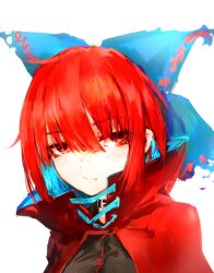 Rule 34 | 1girl, absurdres, black shirt, blue bow, blue hair, bow, cape, collar, colored inner hair, commentary, hair bow, high collar, highres, looking at viewer, multicolored hair, portrait, red cape, red eyes, red hair, safutsuguon, sekibanki, shirt, short hair, simple background, solo, touhou, two-tone hair, white background
